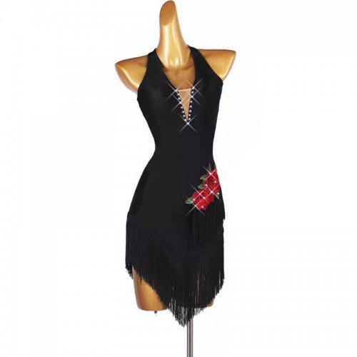 Women Black with red rose flowers competition fringe latin dance dresses Sexy backless irregular tassels skirts rumba salsa dance dress for woman